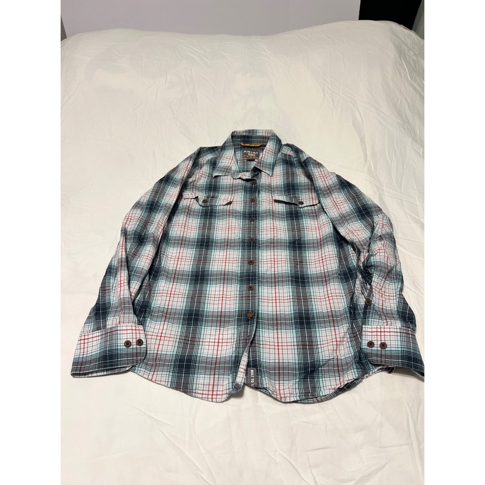 Ariat Rebar Mens XL Plaid Long Sleeve Button Up Work Shirt Blue Red 10039479